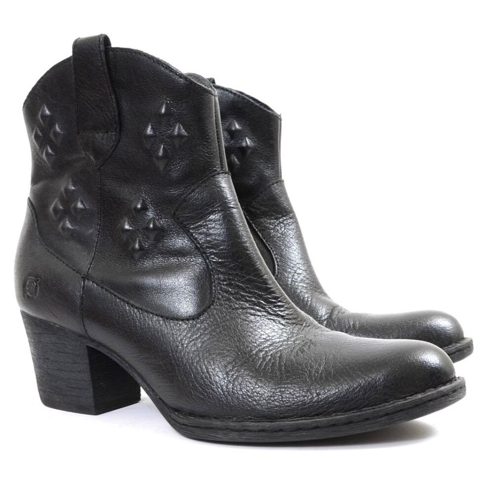 BORN Women's 9 Black Leather Ankle Bootie Moto Biker Festival Western Cowgirl